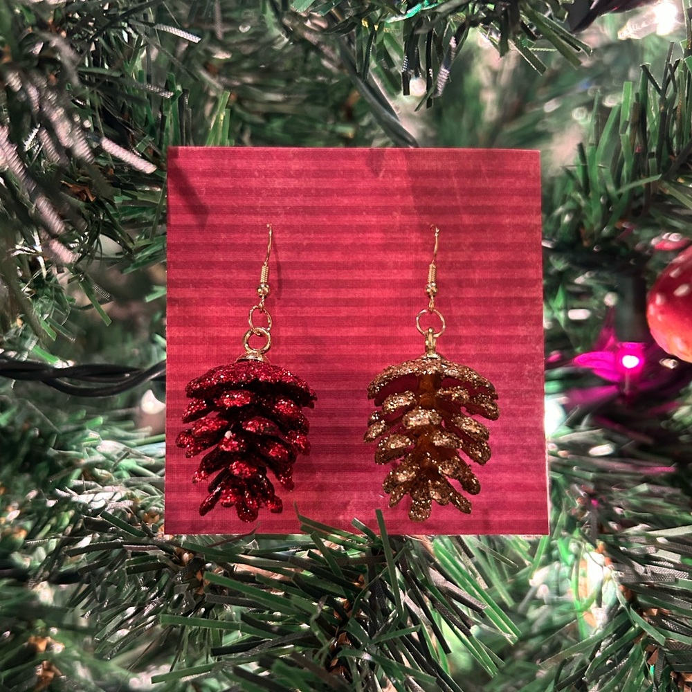 Festive Red & Gold Glitter Pinecone Earrings